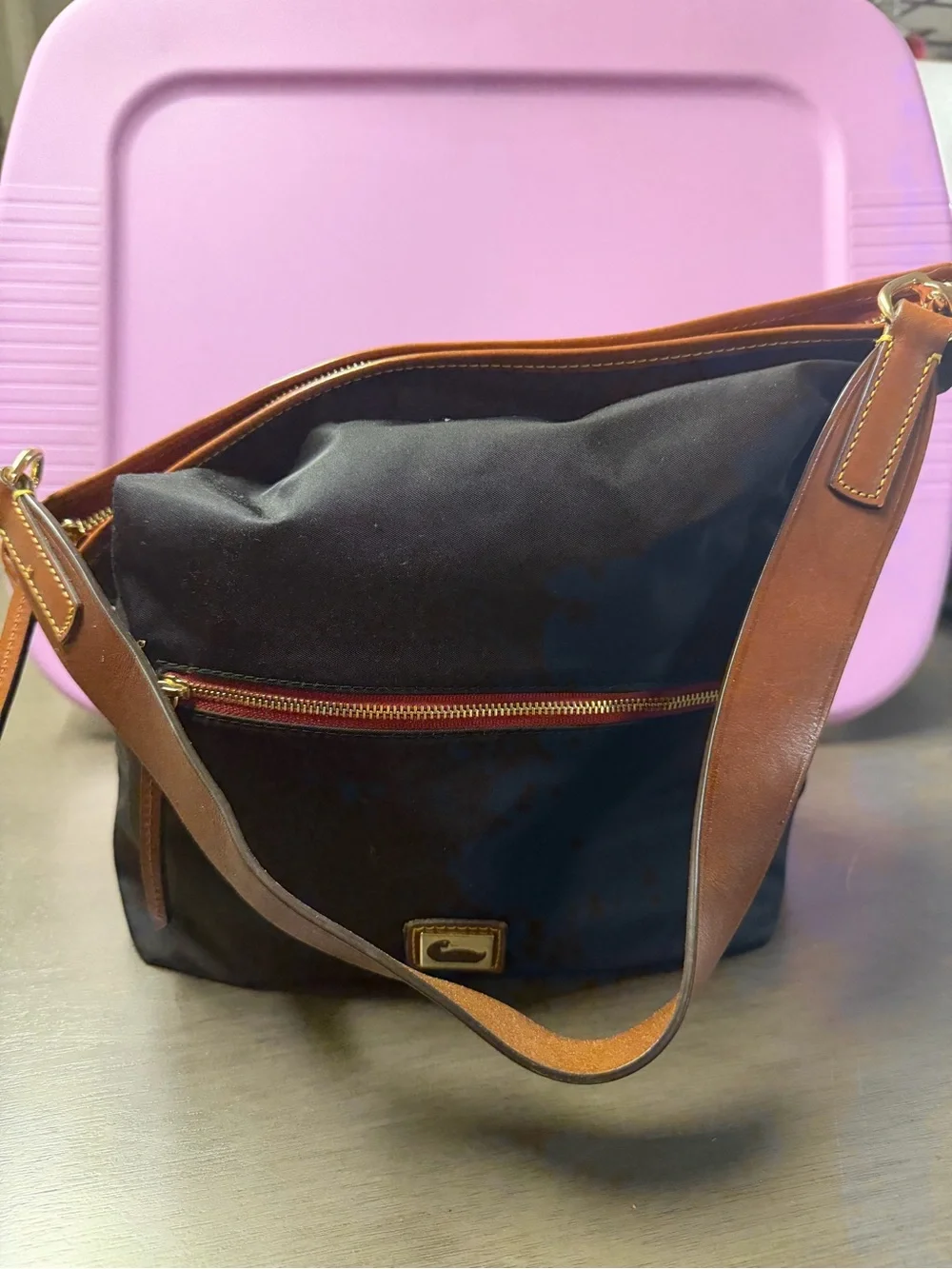 Dooney & Bourke Black Nylon Shoulder Bag with Brown Trim